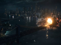 A screengrab of the Battlefield 6 official reveal trailer showing an explosion on the Manhattan Bridge (image source: Battlefield YT)