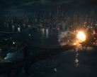 A screengrab of the Battlefield 6 official reveal trailer showing an explosion on the Manhattan Bridge (image source: Battlefield YT)