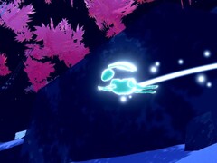 Pictured: Glowing rabbit hopping across the forest floor by a rock and cherry blossom trees (Source: Screenshot within Studio Gauntlet's Sno: Ultimate Freeriding)