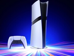 The Sony PlayStation 5 Pro console on a vertical stand with a DualSense controller