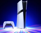 The Sony PlayStation 5 Pro console on a vertical stand with a DualSense controller
