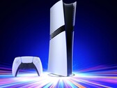 The Sony PlayStation 5 Pro console on a vertical stand with a DualSense controller
