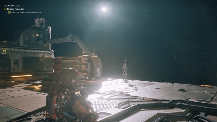 The station exterior puts you in open space alongside your twin, with objectives guiding you across the hull.