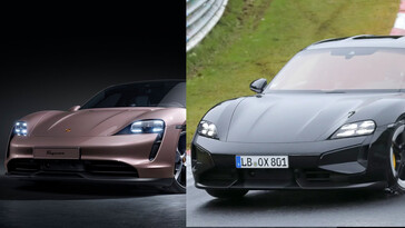 The updated Porsche Taycan (right) features a much cleaner, sharper design on the front, which makes the EV look far more aggressive than the outgoing model (left). (Image source: Auto Express / Porsche - edited)