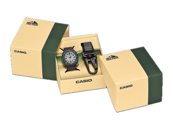 Casio Pro Trek PRJ-01AE-8 packaging showing the watch and carabiner attachment inside an open box.