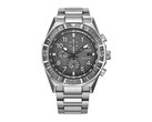 Front view of the Citizen Nighthawk CA0890-54H chronograph with a gray dial, rotating bezel, three subdials, and stainless steel bracelet.