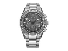 Front view of the Citizen Nighthawk CA0890-54H chronograph with a gray dial, rotating bezel, three subdials, and stainless steel bracelet.