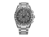 Front view of the Citizen Nighthawk CA0890-54H chronograph with a gray dial, rotating bezel, three subdials, and stainless steel bracelet.