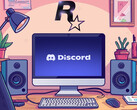 Discord seen on PC monitor below Rockstar Games logo (Image source: Discord, Rockstar Games with edits)