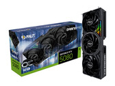 A promotional image with a white background showcasing a box for the Palit RTX 5080 OC Gaming Pro with card kept vertically next to it. (Image Source: Palit)