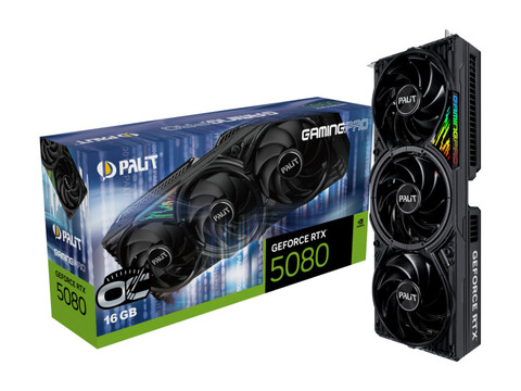 A promotional image with a white background showcasing a box for the Palit RTX 5080 OC Gaming Pro with card kept vertically next to it. (Image Source: Palit)