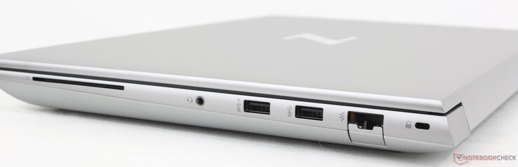 Right: Smart Card reader, 3.5 mm headset, 2x USB-A 5 Gbps, RJ-45 1 Gbps, Nano lock