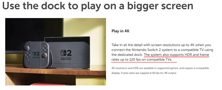 The US and Canadian websites removed the mention VRR support in docked mode (Image source: Nintendo)