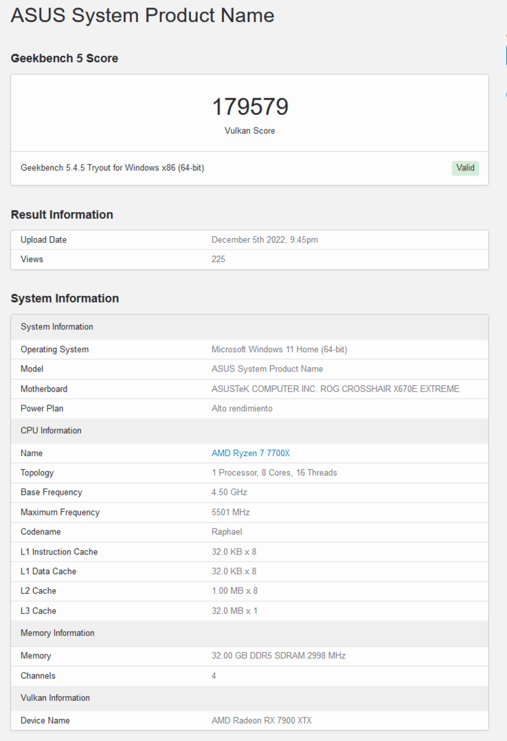 Updated AMD Radeon RX 7900 XTX Vulkan score (image via Geekbench)