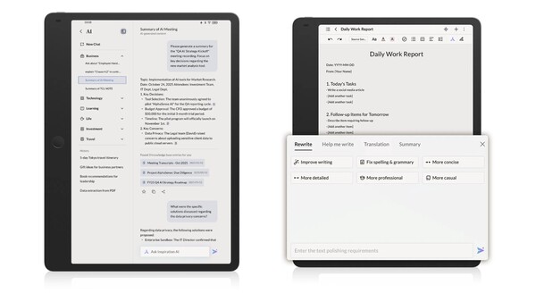 The TCL Note A1 NxtPaper comes with several AI features. (Image source: TCL)