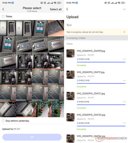 Uploading photos through the phone app (Image source: Notebookcheck)