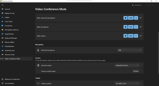 The PowerToys Video Conference Mute options screen allows you to customise the experience, including a toolbar showing mute status as well as the shortcuts used to activate the feature. Image source: Author