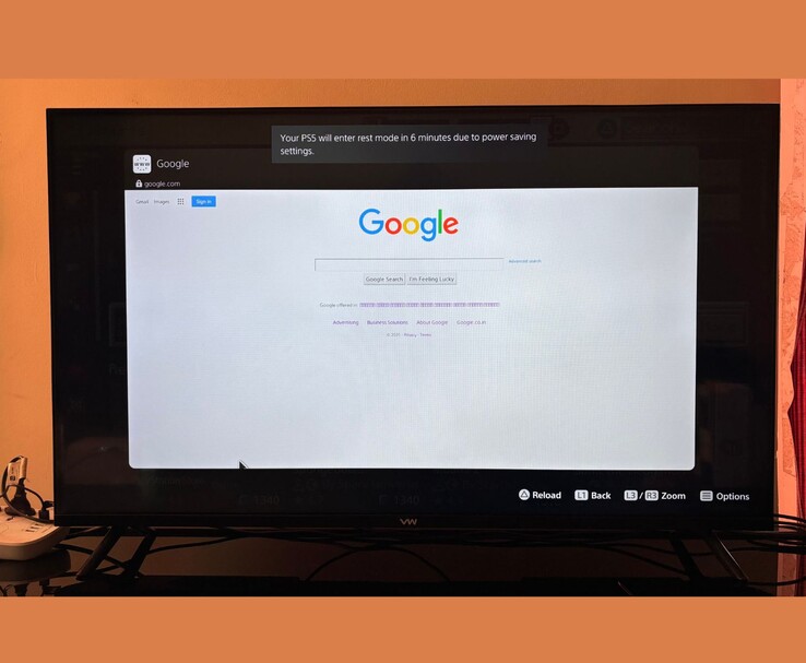 Google homepage opened on a PlayStation 5 hidden web browser, displayed on a TV screen (Image source: Anmol Dubey / Notebookcheck)