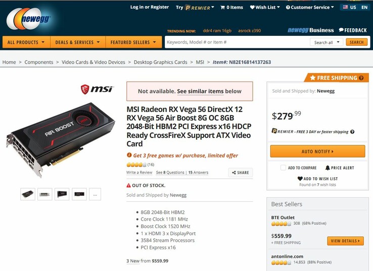 The Vega 56 was briefly listed for US$279. (Source: Newegg)