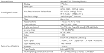 Acer Nitro XV270X P: Specifications. (Image Source: Acer)