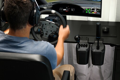 Logitech G RS H-Shifter is shown in racing sim setup