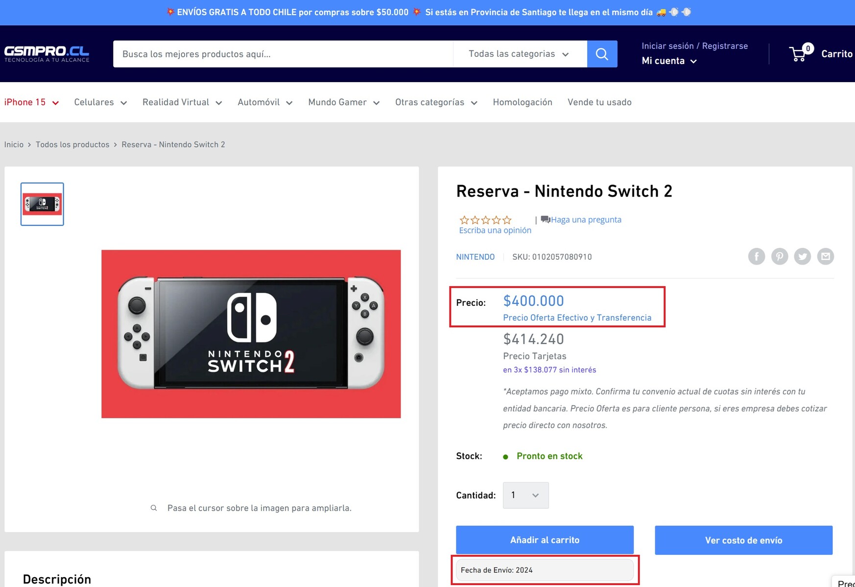 Nintendo Switch 2 pre-order page with price and rumor-based product  description posted by opportunistic Chilean retailer -   News
