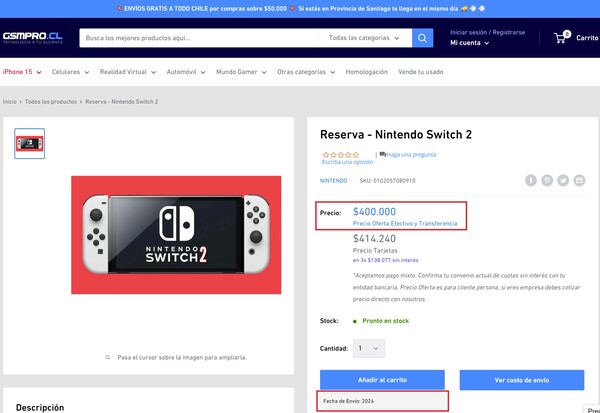 Nintendo Switch 2 reservation page. (Image source: GSMPRO.CL)