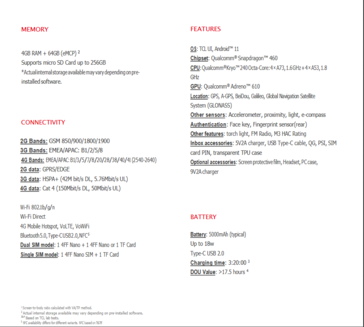 TCL 20 SE specifications (image via TCL)