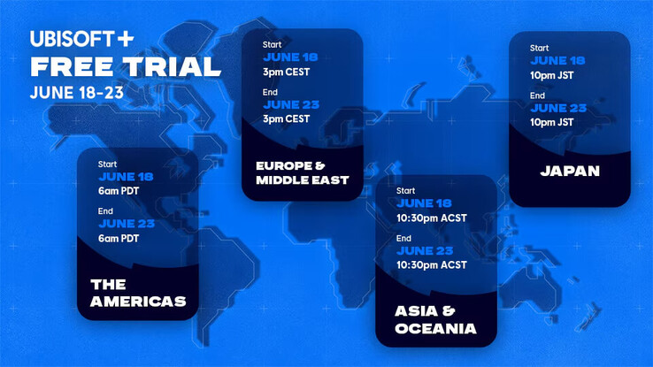 Ubisoft+ free trial schedule for various regions.