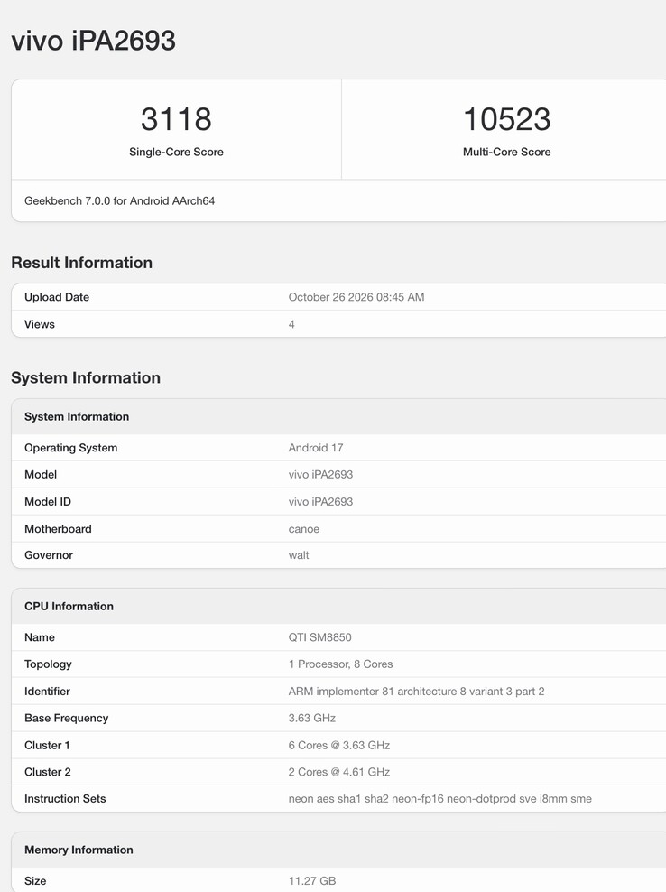 Geekbench listing of the iQOO Pad Pro.