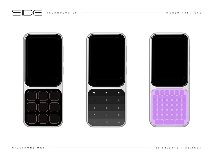 Renders showcase a full numeric keypad, a larger button grid, and a minimal layout with fewer keys. (Image source: Sidephone)