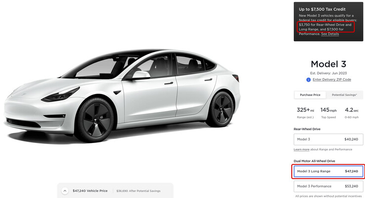 Tesla's Model 3 configuration page shows just how much tax credits each of the trim levels qualifies for. (Image source: Tesla)