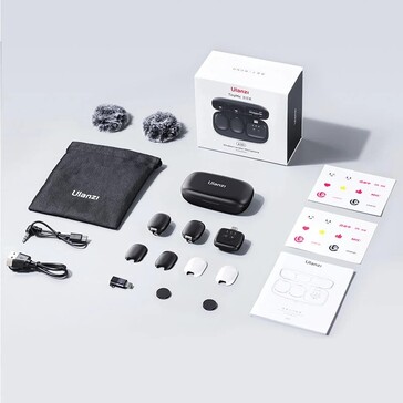 The Ulanzi A30 kit comes with a microphone wind cover, black and white covers, and connection adapters. (Image source: Ulanzi)