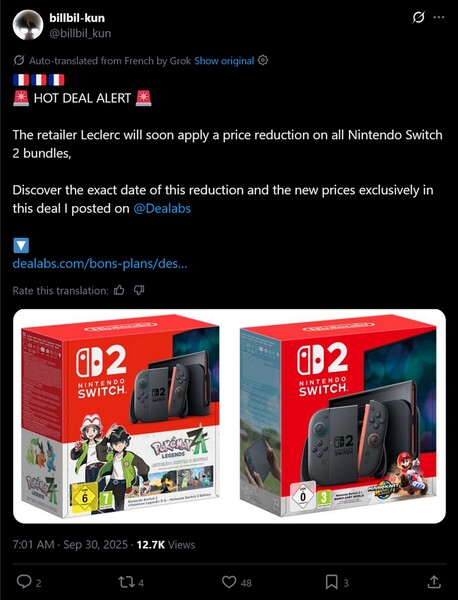 billbil-kun X post on Switch 2 price drop (Image source: screenshot, billbil-kun x account)