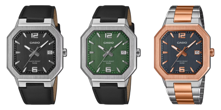From left to right: the Casio MTP-B195L-1AV, MTP-B195L-3AV and MTP-B195RG-2AV watches. (Image source: Casio, edited)