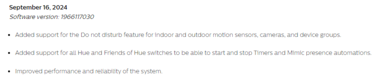 The release notes for software version 1966117030 for the Philips Hue Bridge. (Image source: Philips)