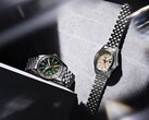 The Seiko 5 Sports Field GMT HDB001 with a green dial and the HDB002 with a cream dial displayed side by side on stainless steel five-link bracelets, each featuring a fixed 24-hour bezel and orange GMT hand.