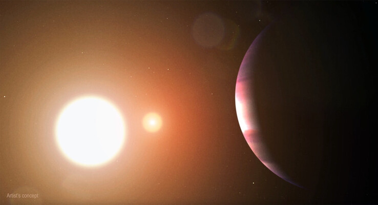 An artist's illustration showing an exoplanet orbiting two stars.