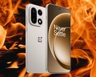 OnePlus 15 in Sand Storm color with a fire background. (Image source: OnePlus, Unsplash - edited)