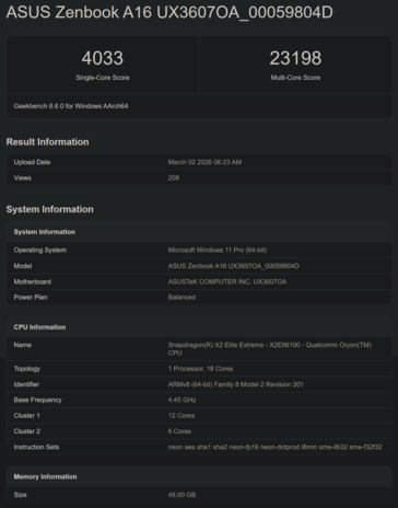 Snapdragon X2 Elite X2E-96-100 Geekbench CPU performance
