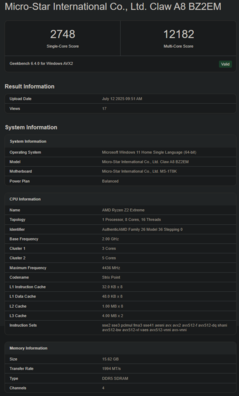 AMD Ryzen Z2 Extreme Geekbench CPU (image source: Geekbench)