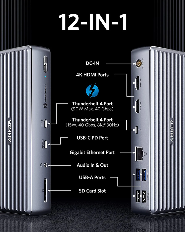 The Anker 777 Thunderbolt Docking Station (Apex, 12-in-1, Thunderbolt 4). (Image source: Anker)