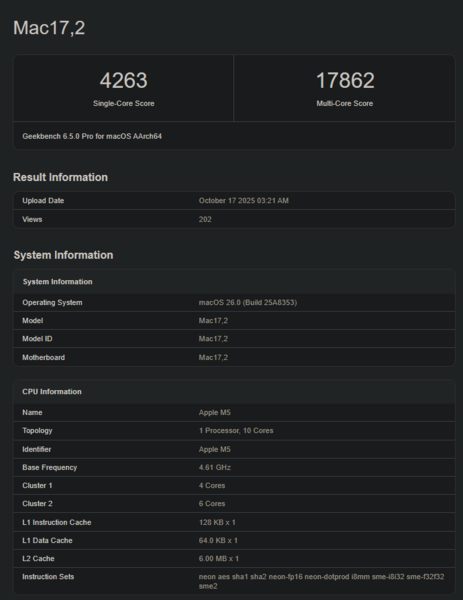 Apple M5 Geekbench score (image source: Geekbench)