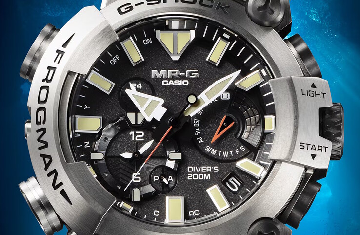 The Frogman MRG-BF1000RG displays dive time and surface rest time beneath an anti-reflective sapphire face. (Image source: Casio)