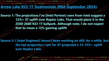 Core Ultra 200 performance leak. (Image source: Moore's Law Is Dead on YouTube)