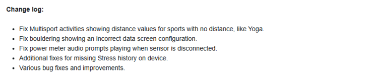 The change log for beta version 23.15 for Garmin Forerunner smartwatches. (Image source: Garmin)