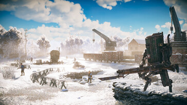An image from the game Iron Harvest showing a robot and soldiers.