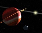 An illustration showing a planet, a moon, and a star.