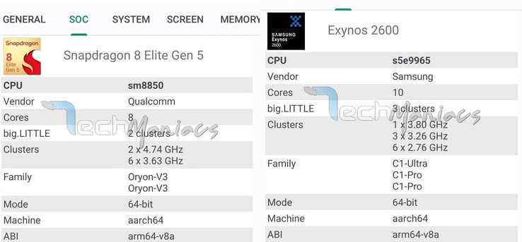 Screenshots showing SoC details of the tested Galaxy S26 Ultra (right) and S26 (left)