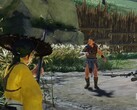 Atsu from Ghost of Yotei with a gun in an enemy camp. (Image source: PlayStation on YouTube, screenshot)